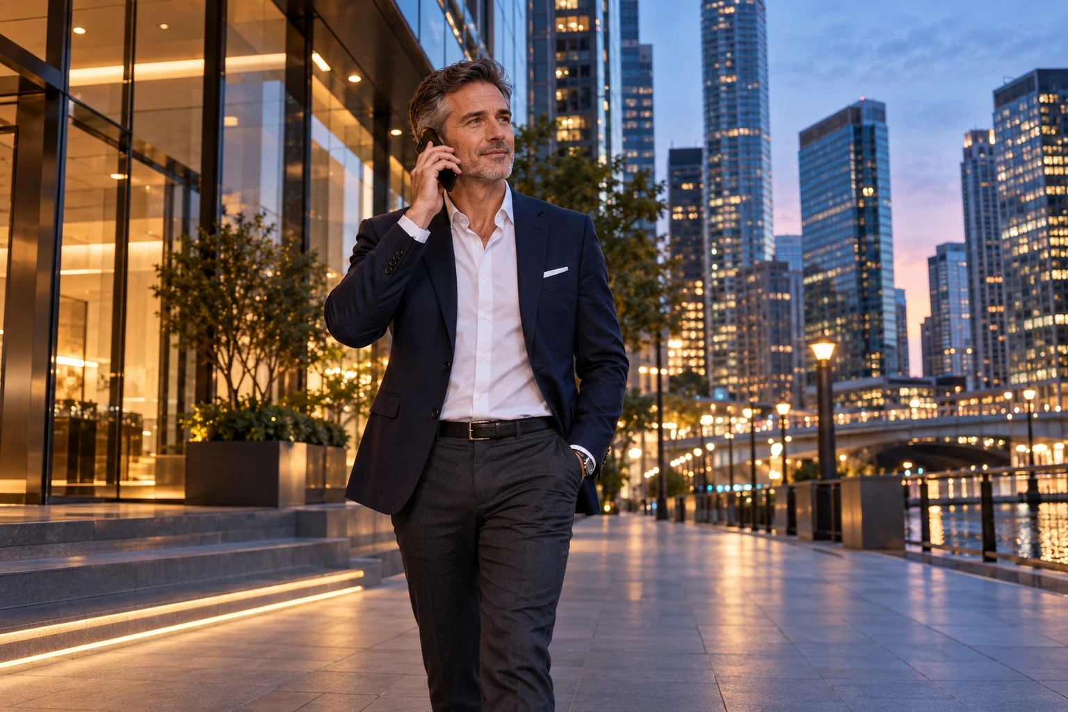An agent on a call walking through the city at dusk