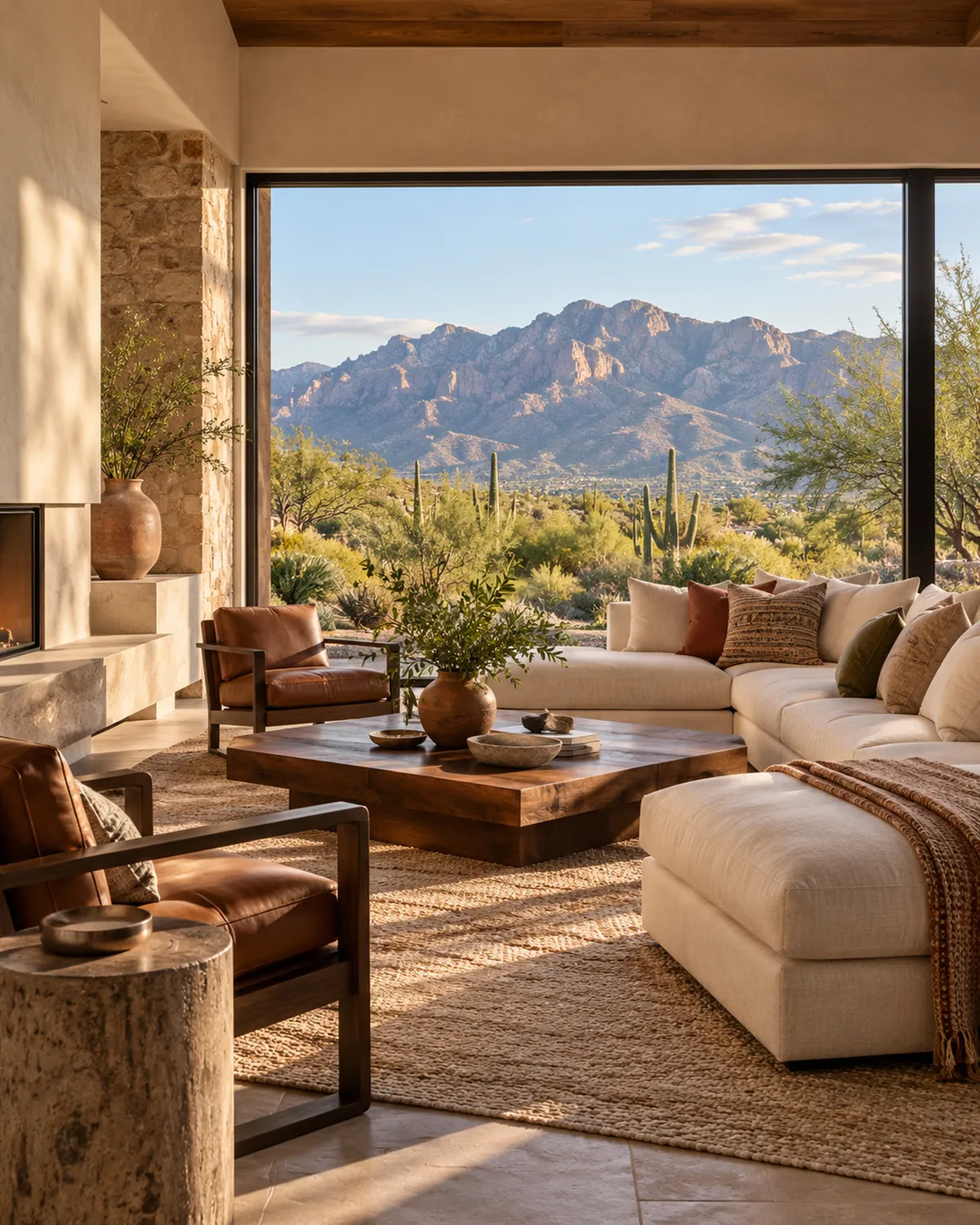 Sunlit great room with mountain view